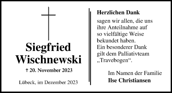 Traueranzeige von Siegfried Wischnewski von Lübecker Nachrichten