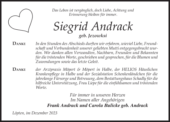 Traueranzeige von Siegrid Andrack von Märkischen Allgemeine Zeitung