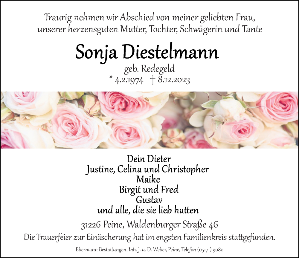  Traueranzeige für Sonja Diestelmann vom 23.12.2023 aus Peiner Allgemeine Zeitung