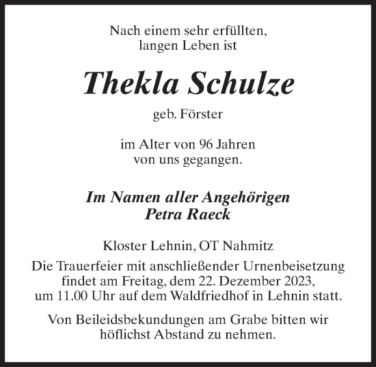 Traueranzeige von Thekla Schulze von Märkischen Allgemeine Zeitung