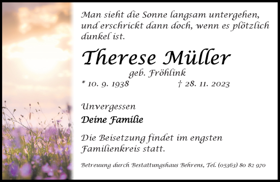Traueranzeige von Therese Müller von Aller Zeitung