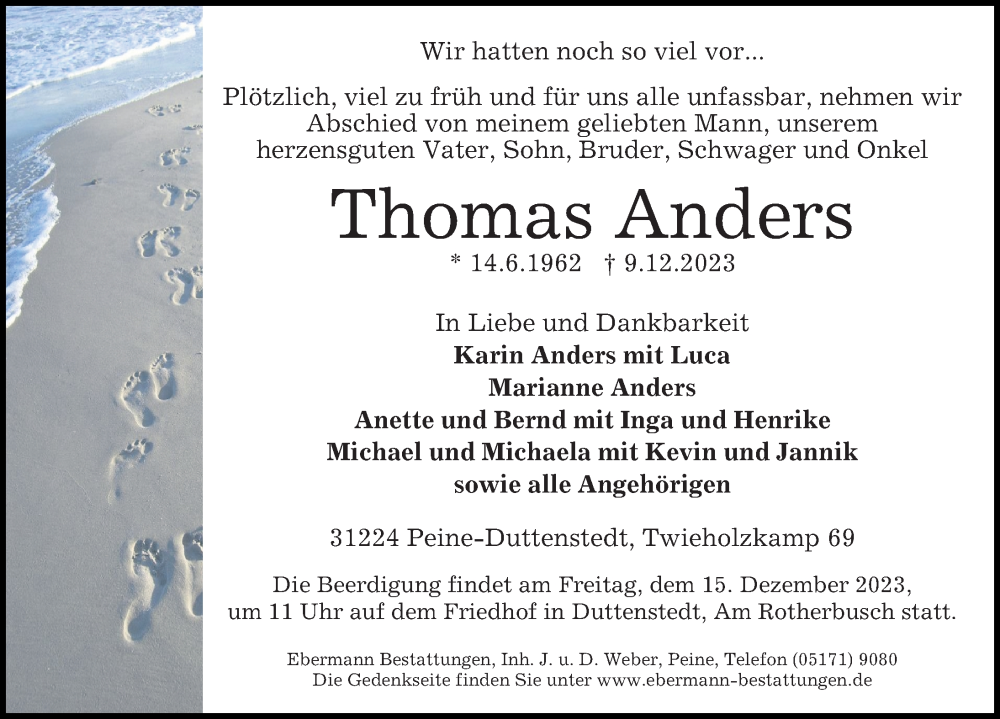  Traueranzeige für Thomas Anders vom 13.12.2023 aus Peiner Allgemeine Zeitung