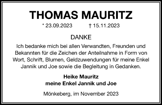 Traueranzeige von Thomas Mauritz von Kieler Nachrichten