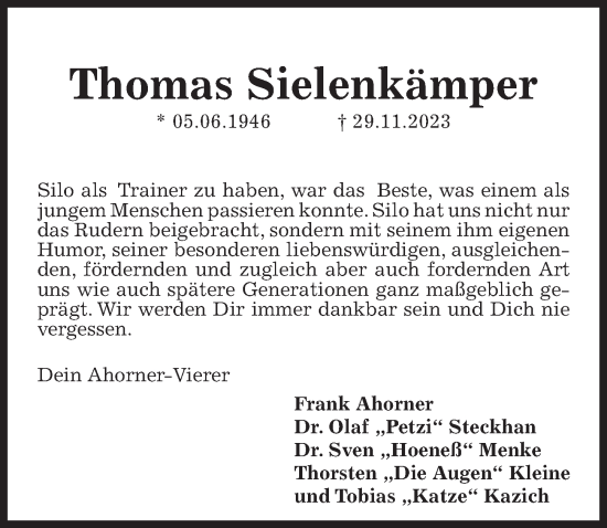 Traueranzeige von Thomas Sielenkämper von Hannoversche Allgemeine Zeitung/Neue Presse