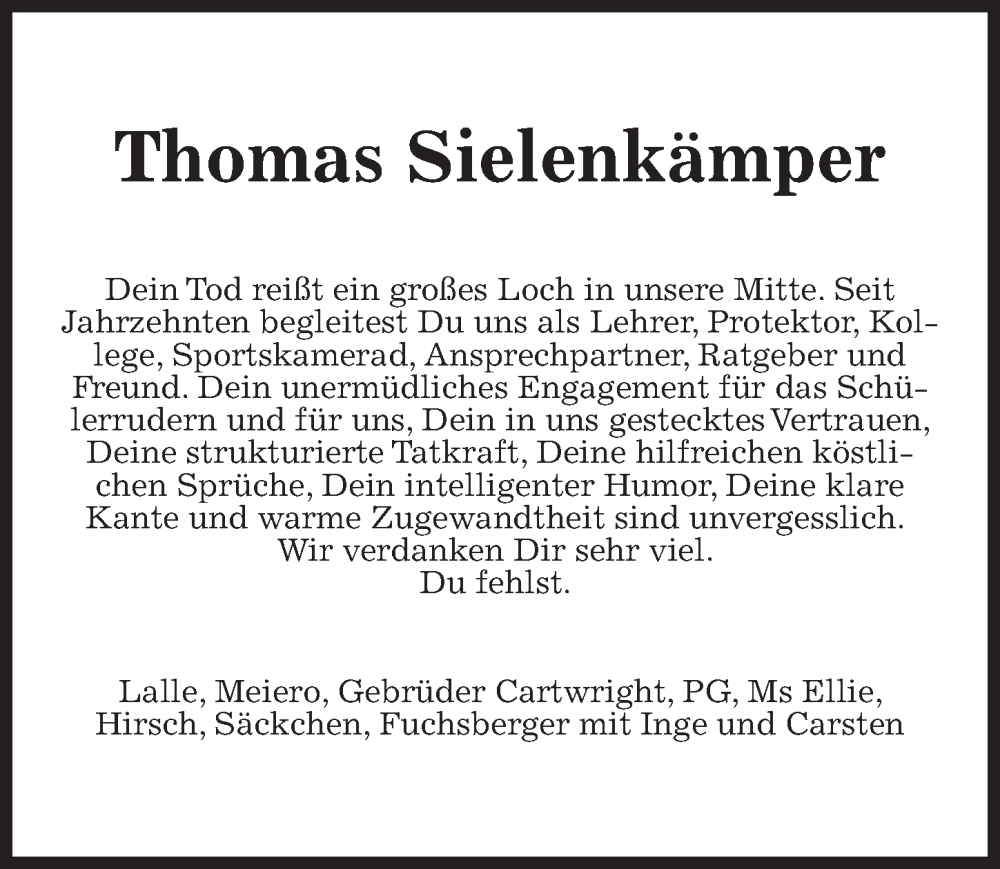  Traueranzeige für Thomas Sielenkämper vom 16.12.2023 aus Hannoversche Allgemeine Zeitung/Neue Presse