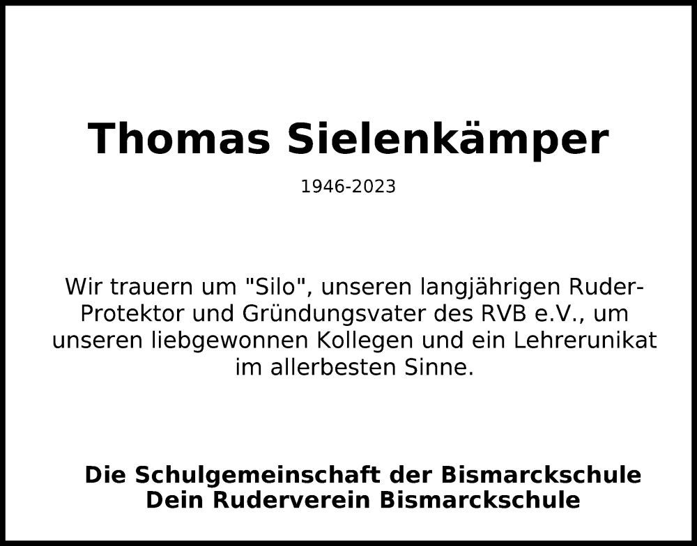  Traueranzeige für Thomas Sielenkämper vom 23.12.2023 aus Hannoversche Allgemeine Zeitung/Neue Presse