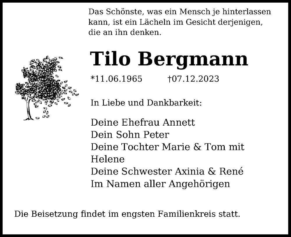  Traueranzeige für Tilo Bergmann vom 16.12.2023 aus Leipziger Volkszeitung