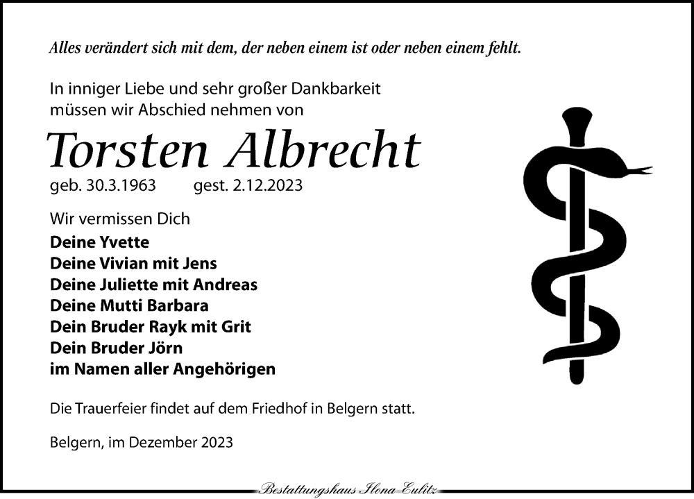  Traueranzeige für Torsten Albrecht vom 09.12.2023 aus Torgauer Zeitung