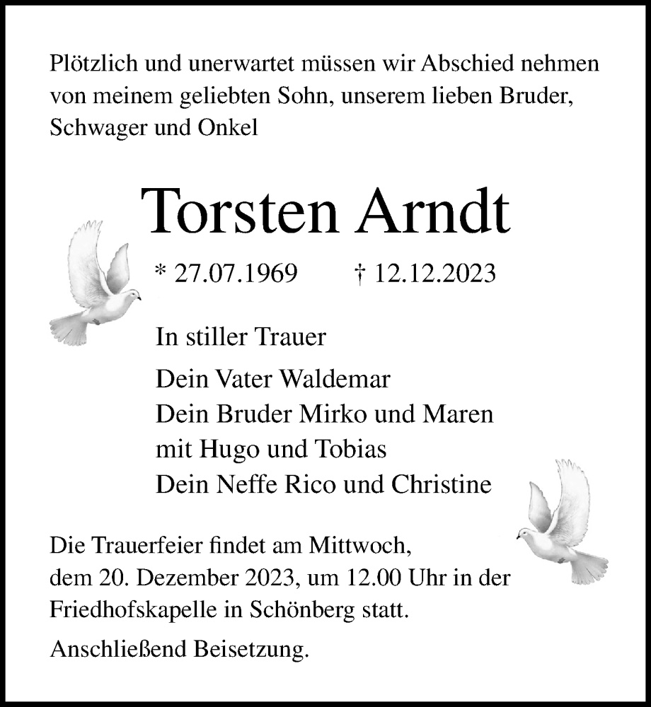  Traueranzeige für Torsten Arndt vom 19.12.2023 aus Ostsee-Zeitung GmbH