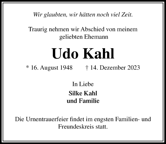 Traueranzeige von Udo Kahl von Lübecker Nachrichten