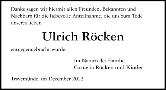 Traueranzeige von Ulrich Röcken von Lübecker Nachrichten