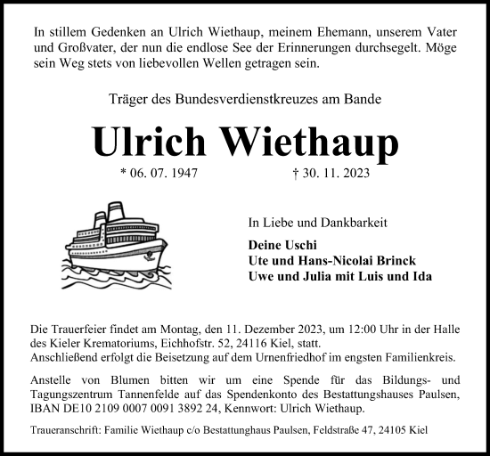 Traueranzeige von Ulrich Wiethaup von Kieler Nachrichten