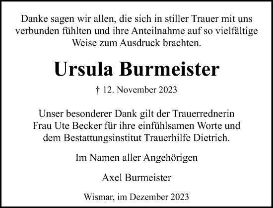 Traueranzeige von Ursula Burmeister von Ostsee-Zeitung GmbH