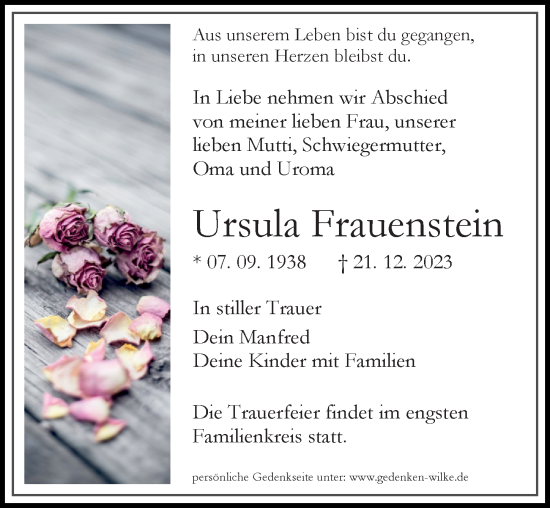 Traueranzeige von Ursula Frauenstein von Märkischen Allgemeine Zeitung