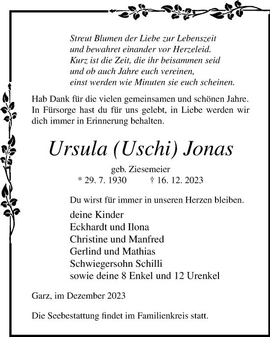 Traueranzeige von Ursula Jonas von Ostsee-Zeitung GmbH
