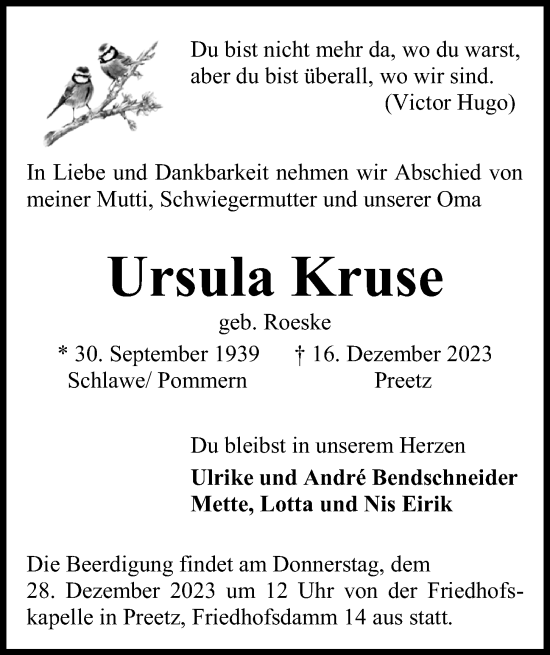 Traueranzeige von Ursula Kruse von Kieler Nachrichten