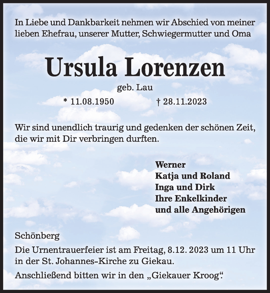 Traueranzeige für Ursula Lorenzen vom 01.12.2023 aus Kieler Nachrichten