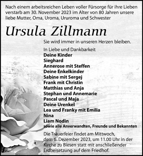 Traueranzeige von Ursula Zillmann von Märkischen Allgemeine Zeitung
