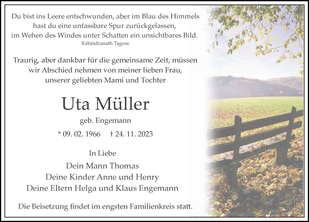  Traueranzeige für Uta Müller vom 02.12.2023 aus Märkischen Allgemeine Zeitung