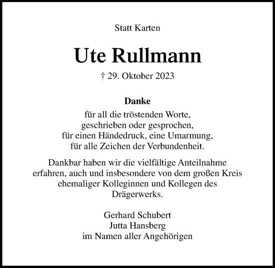 Traueranzeige von Ute Rullmann von Lübecker Nachrichten