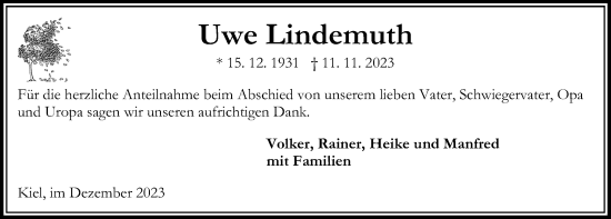 Traueranzeige von Uwe Lindemuth von Kieler Nachrichten