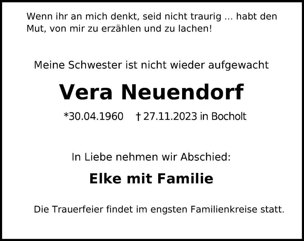  Traueranzeige für Vera Neuendorf vom 02.12.2023 aus Hannoversche Allgemeine Zeitung/Neue Presse