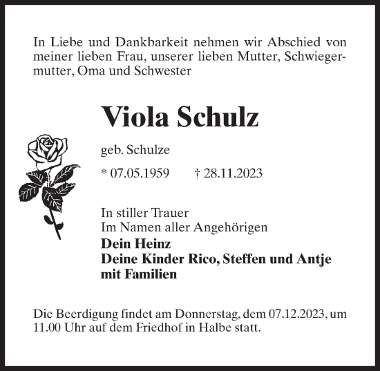 Traueranzeige von Viola Schulz von Märkischen Allgemeine Zeitung