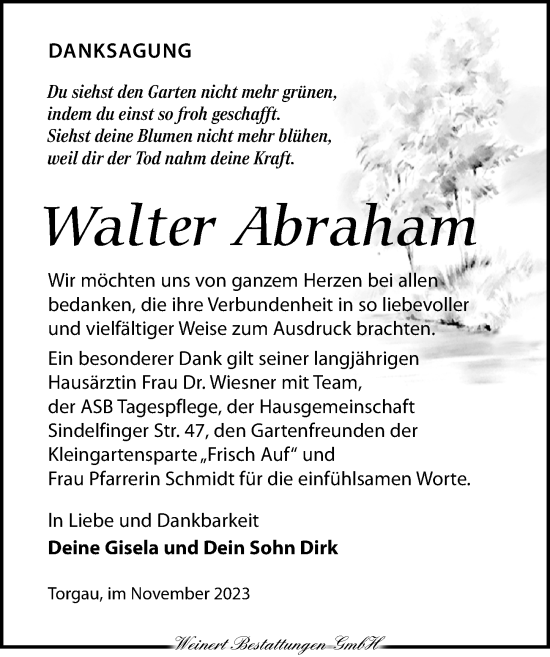 Traueranzeige von Walter Abraham von Torgauer Zeitung