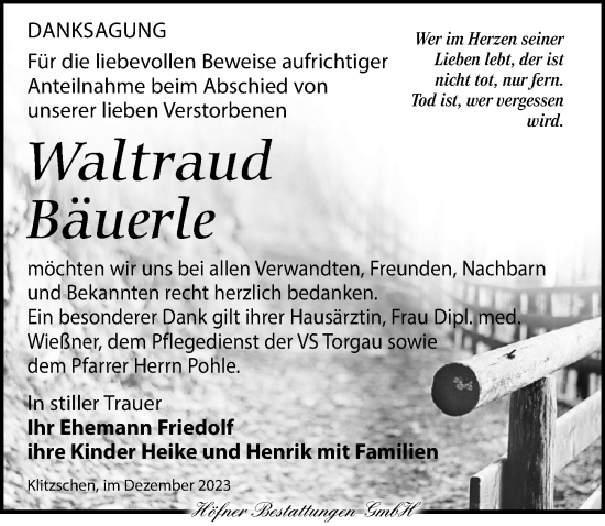 Traueranzeige von Waltraud Bäuerle von Torgauer Zeitung
