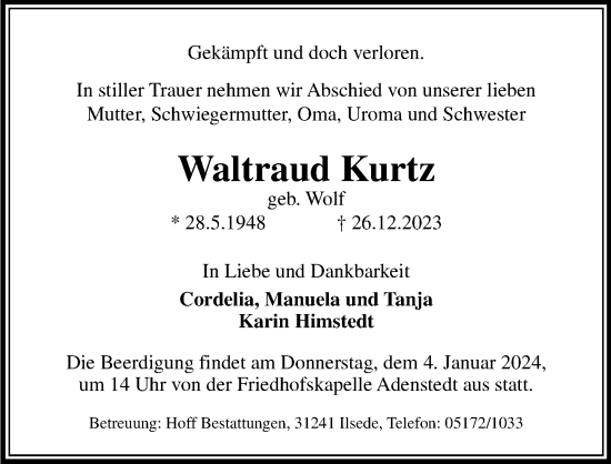 Traueranzeige von Waltraud Kurtz von Peiner Allgemeine Zeitung