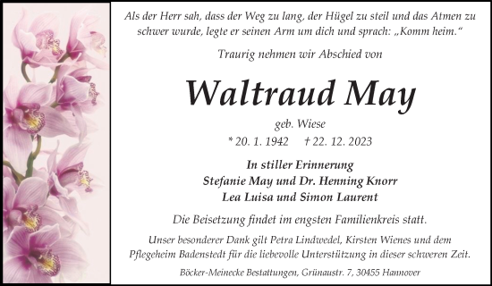 Traueranzeige von Waltraud May von Hannoversche Allgemeine Zeitung/Neue Presse