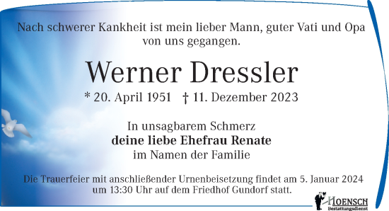Traueranzeige von Werner Dressler von Leipziger Volkszeitung