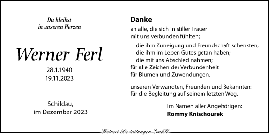 Traueranzeige von Werner Ferl von Torgauer Zeitung