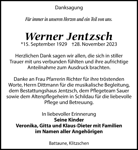 Traueranzeige von Werner Jentzsch von Leipziger Volkszeitung