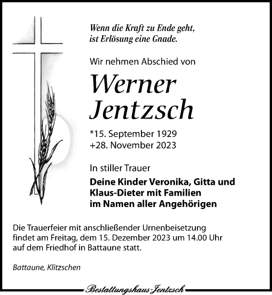 Traueranzeige von Werner Jentzsch von Leipziger Volkszeitung