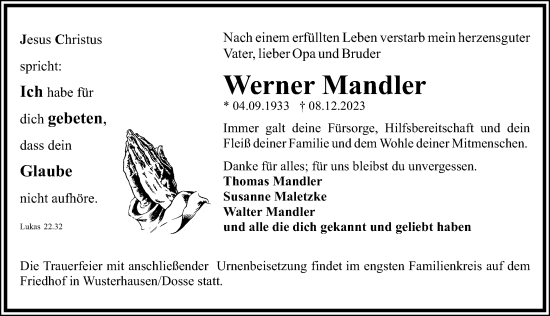 Traueranzeige von Werner Mandler von Wochenspiegel