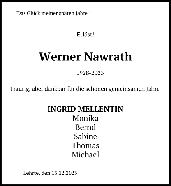 Traueranzeige von Werner Nawrath von Hannoversche Allgemeine Zeitung/Neue Presse