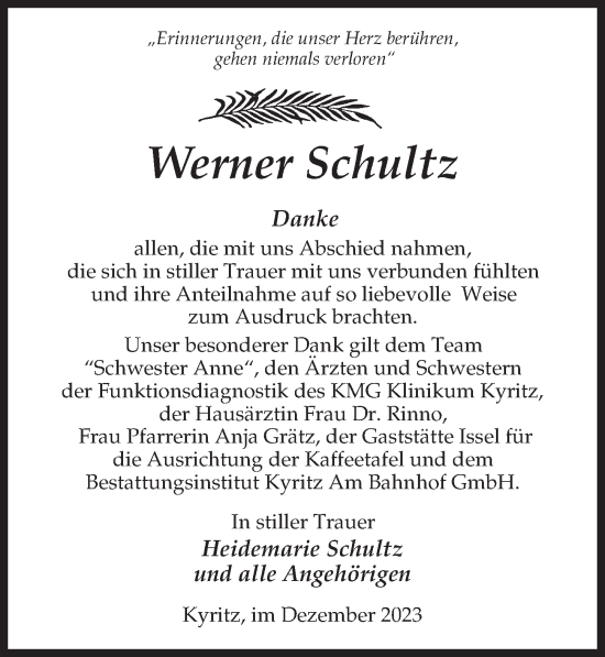 Traueranzeige von Werner Schultz von Märkischen Allgemeine Zeitung