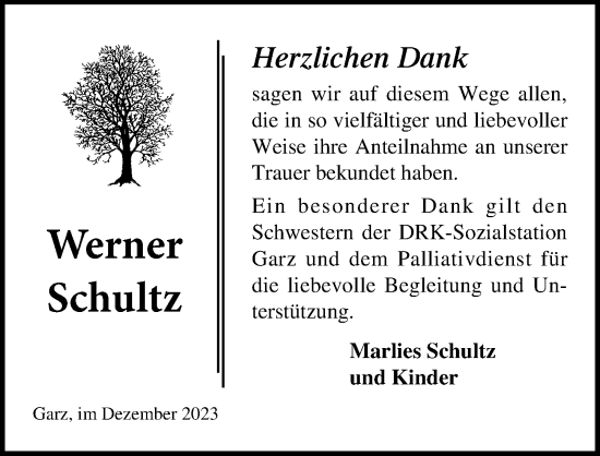 Traueranzeige von Werner Schultz von Ostsee-Zeitung GmbH