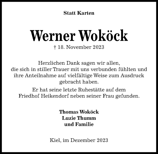 Traueranzeige von Werner Woköck von Kieler Nachrichten