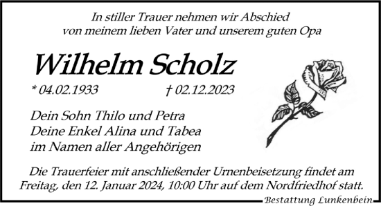 Traueranzeige von Wilhelm Scholz von Leipziger Volkszeitung