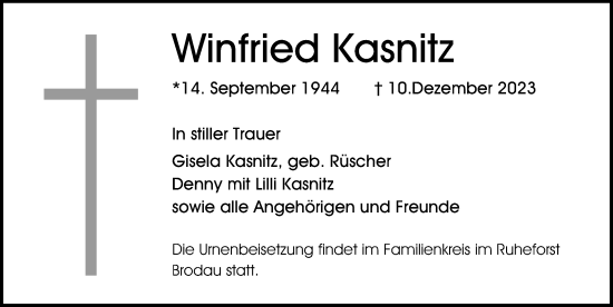 Traueranzeige von Winfried Kasnitz von Lübecker Nachrichten