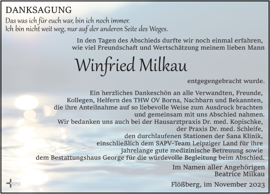 Traueranzeige von Winfried Milkau von Leipziger Volkszeitung