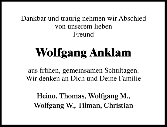 Traueranzeige von Wolfgang Anklam von Lübecker Nachrichten