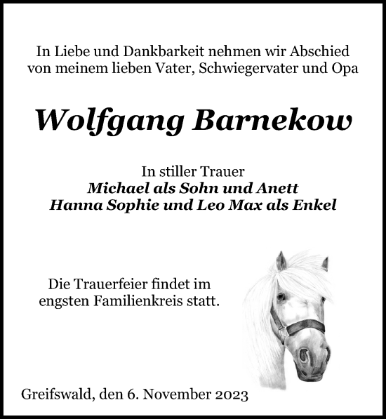 Traueranzeige von Wolfgang Barnekow von Ostsee-Zeitung GmbH