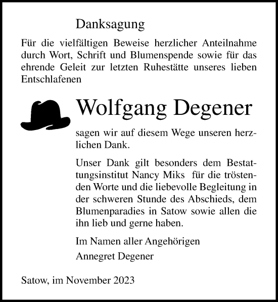Traueranzeige von Wolfgang Degener von Ostsee-Zeitung GmbH