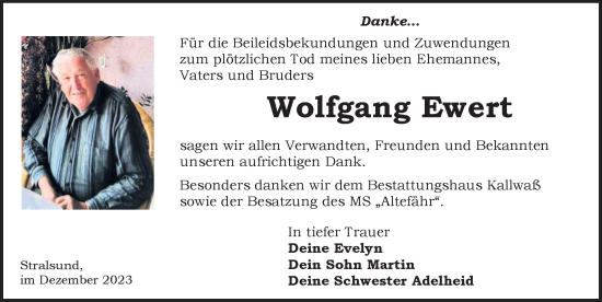 Traueranzeige von Wolfgang Ewert von Ostsee-Zeitung GmbH