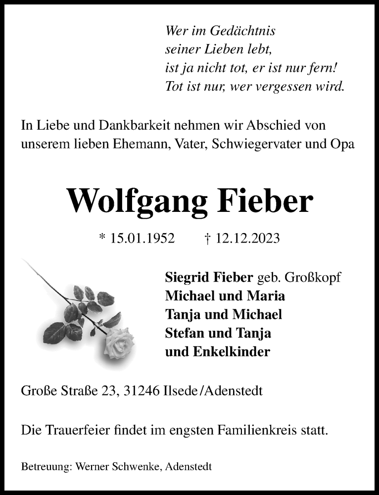  Traueranzeige für Wolfgang Fieber vom 16.12.2023 aus Peiner Allgemeine Zeitung