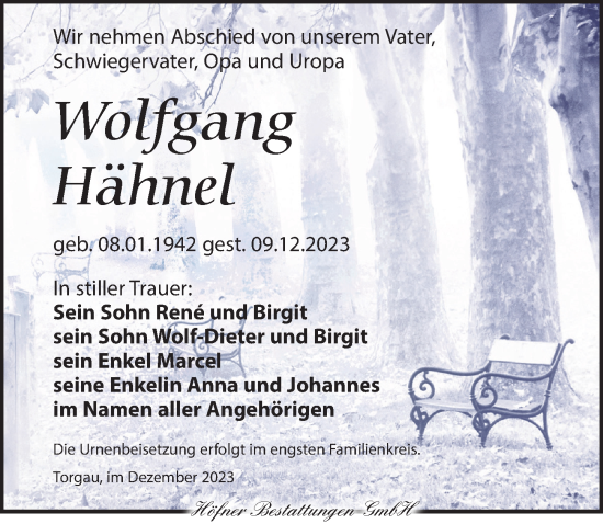 Traueranzeige von Wolfgang Hähnel von Torgauer Zeitung