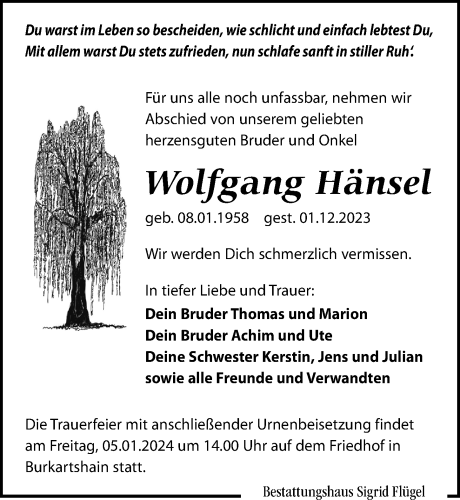  Traueranzeige für Wolfgang Hänsel vom 16.12.2023 aus Leipziger Volkszeitung